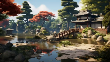 Poster a tranquil Japanese garden, with meticulously raked gravel paths, bonsai trees, and a koi pond © ra0
