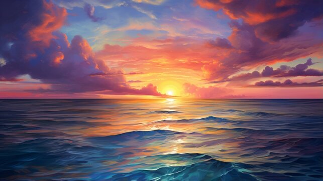 a vibrant and colorful sunset over a calm ocean, with the sun's reflection shimmering on the water's surface and painting the sky in vivid hues