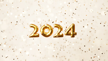 2024の金色のバルーンの数字。ベージュ背景に紙吹雪。新年、年賀状素材。（横長）