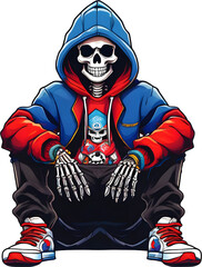 a cute skeleton wearing a hoodie with a colorful style. AI-generated.