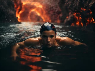 Fotobehang Swimmer in a subterranean lake © Noi