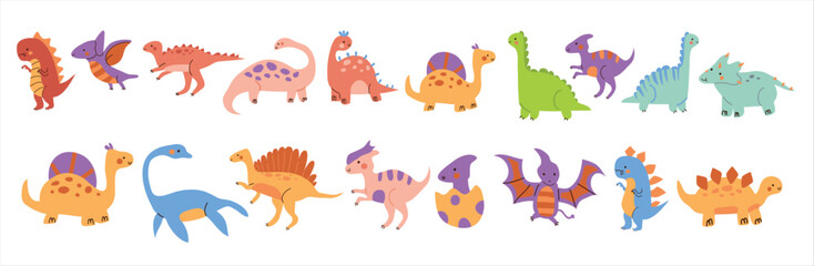 Set of cute dinosaur vector illustration. 