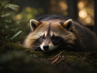 Naklejka premium Lying raccoon dog