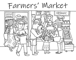 Illustration drawing of farmers market grocery store.