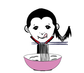 Dracula cartoon with a bowl of noodles