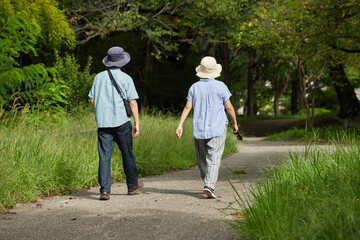 夏の朝の公園で散歩している中年夫婦の後姿