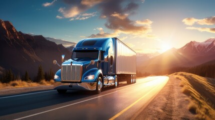 American style truck on freeway pulling load. generative AI