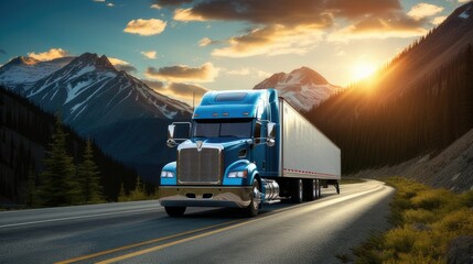 American style truck on freeway pulling load. generative AI