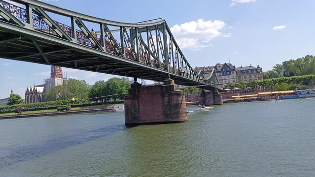 Iron Footbridge (Eiserner Steg) crosses river Main in Frankfurt city, Gernamy.