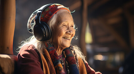 adult elderly woman wearing headphones studying a foreign language or listening to a book or music