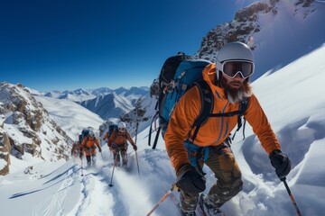 Group Of Adventurous Skiers Hiking Up, Generative AI - obrazy, fototapety, plakaty