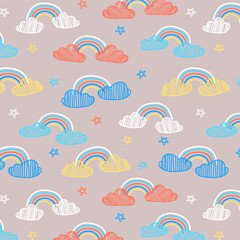 Fototapeta na wymiar Cute cloud and rainbow seamless patterns, hand-drawn style