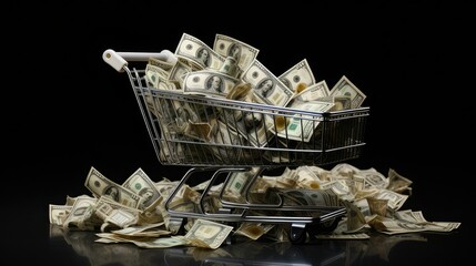 Shopping trolley full of money currency. Symbolic example of spending money in shops, or advantageous purchase in the shopping. generative AI