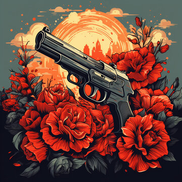 pistol and red roses art design