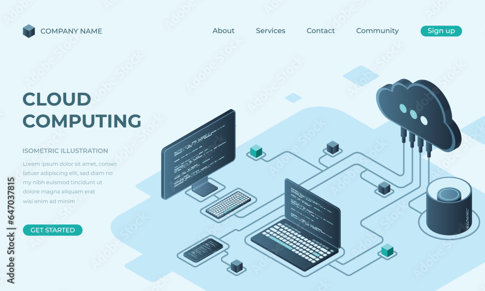 Poster cloud computing isometric landing page. cloud storage server. cloud computing online database techno