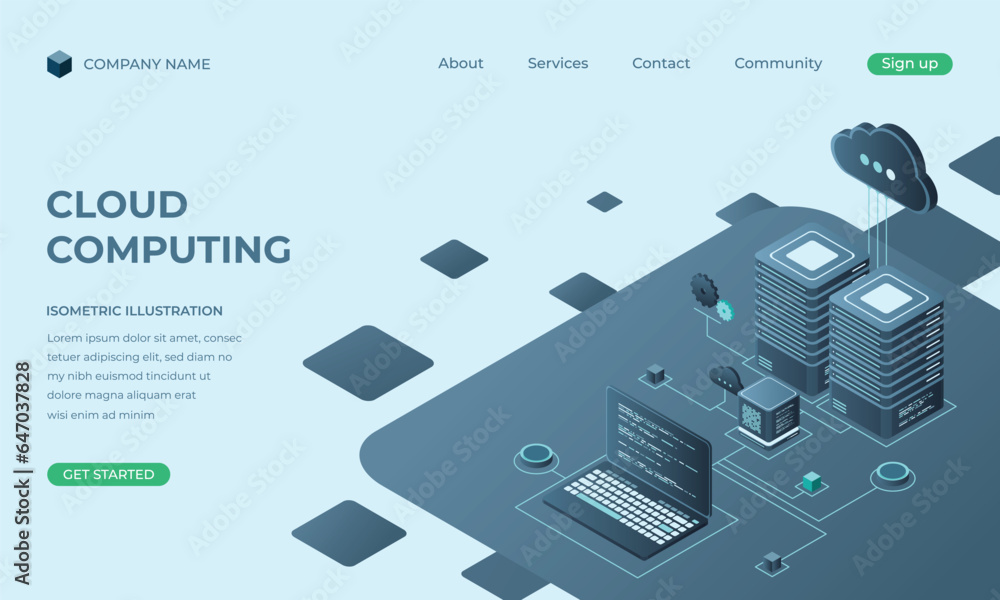 Poster cloud computing isometric landing page. cloud storage server. cloud computing online database techno