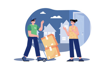 Delivery man pushes hand truck trolley full of cardboard boxes hands package to a customer.