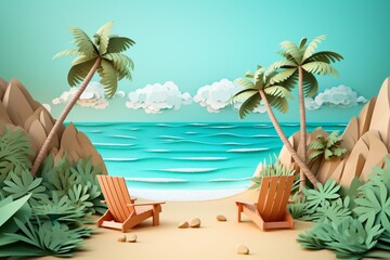 3d paper art illustration for a tropical island vacation