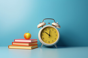 alarm clock and apple, alarm clock and books on table, alarm clock and book, alarm clock and books, back to school