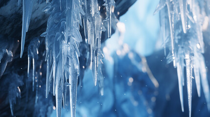 ice icicles on a rocky ledge - obrazy, fototapety, plakaty
