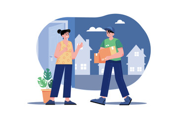 Delivery parcel to door. Courier presents box of recipient