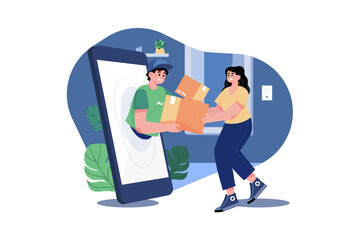 A young woman receiving a parcel from a delivery service courier through the smartphone screen