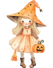 Cute Halloween witch with orange costume in watercolour style