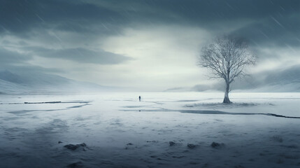 snowy wasteland with one tree and one person far away, cloudy and raining