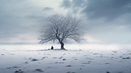 one person sits in a snowy field under a lonely tree