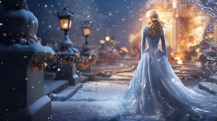 blonde girl in a wedding dress on a winter evening on a fairy-tale terrace in a snowfall, rear view