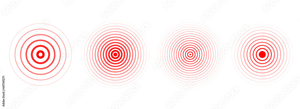 Poster red concentric ripple circles set. sonar or sound wave rings collection. epicentre, target, radar ic