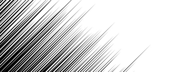 Straight speed lines pattern. Black and white diagonal stripes gradient. Abstract fast effect texture. Comic or cartoon book rays and beams wallpaper. Vector background illustration