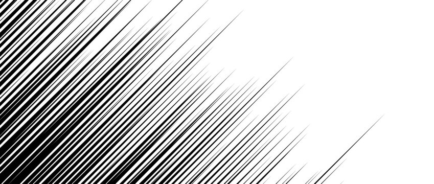 Straight speed lines pattern. Black and white diagonal stripes gradient. Abstract fast effect texture. Comic or cartoon book rays and beams wallpaper. Vector background illustration