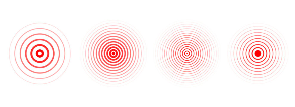 Red concentric ripple circles set. Sonar or sound wave rings collection. Epicentre, target, radar icon concept. Radial signal or vibration elements. Halftone vector illustration