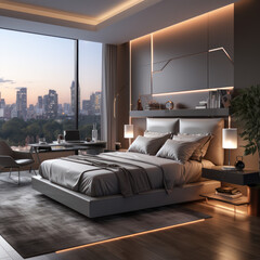 Smart bedroom with adaptive lighting and curtains 

