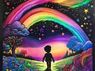 Silhouette of child walking towards magical dream world of fairytale made up colorful rainbows