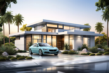 corner view of a modern house witha a modern car on the entrance
