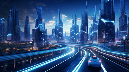 Fototapeta na wymiar Futuristic city with futuristic buildings, roads, and cars.