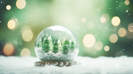 Fototapeta na wymiar Snowy decorative crystal glass balls with green Christmas trees, Merry Christmas and Happy new year festive background, generative ai