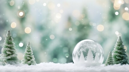 Snowy decorative crystal glass balls with green Christmas trees, Merry christmas