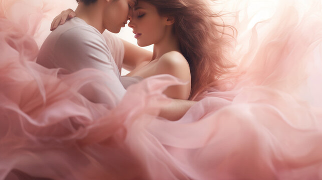 a beautiful couple in an embrace and a soft pink dress of a woman throughout the picture