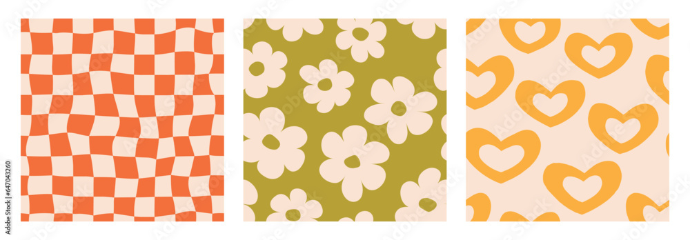 Aufkleber groovy seamless background set. repeating retro hearts, daisies and checkered pattern collection. vi
