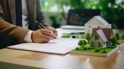 Real estate concept. businessman signs contract behind home architectural model. AI generated