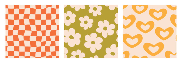 Groovy seamless background set. Repeating retro hearts, daisies and checkered pattern collection. Vintage psychedelic checkerboard wallpapers. Distorted orange green backdrop in 60s, 70s style. Vector