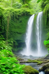 The lush greenery of a rainforest surrounding a powerful waterfall is a sight to behold. Use a slow shutter speed to capture the silky flow of the water.