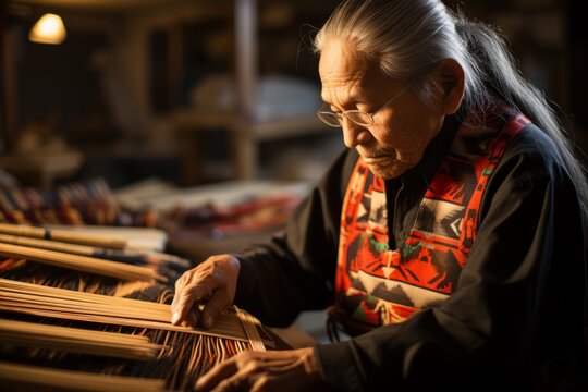 Member of the Nez Perce tribe weaving a traditional blanket, Generative AI