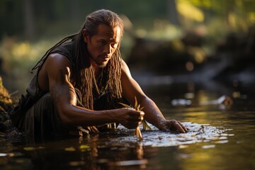 Wampanoag tribe member using traditional methods to catch fish,Generative AI