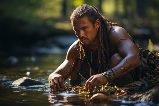 Wampanoag tribe member using traditional methods to catch fish,Generative AI