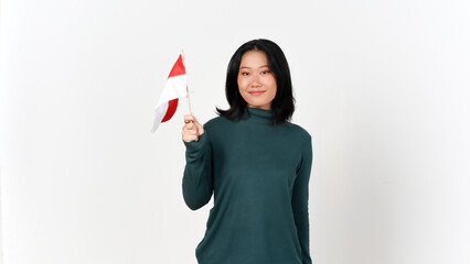 Happy and Holding Indonesian Flag Independence Day Concept Of Beautiful Asian Woman Isolated On White Background
