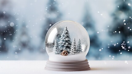 Fototapeta na wymiar Snowy decorative crystal glass balls with Christmas trees, Merry Christmas and Happy new year festive background, generative ai